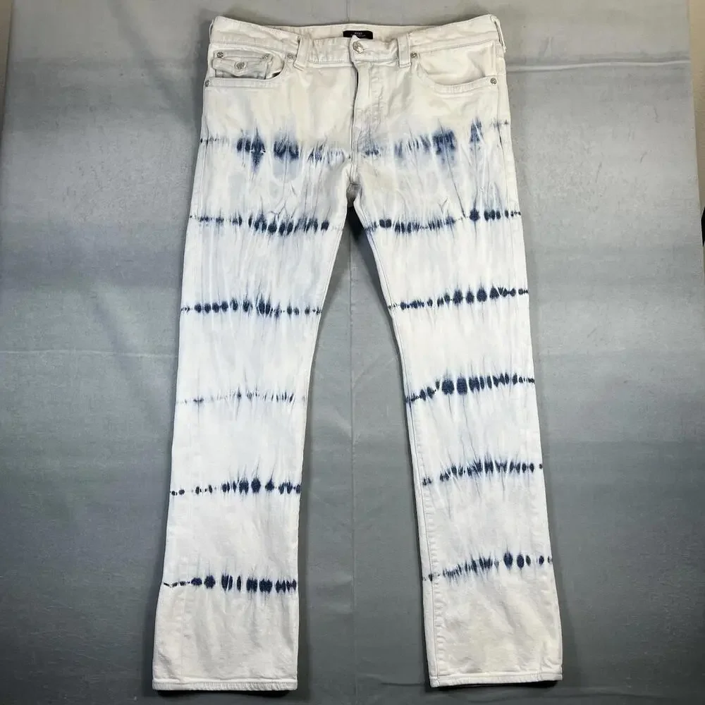 True Religion Ricky Jeans Mens 40* White Blue Dyed Relaxed Straight Flap Pockets